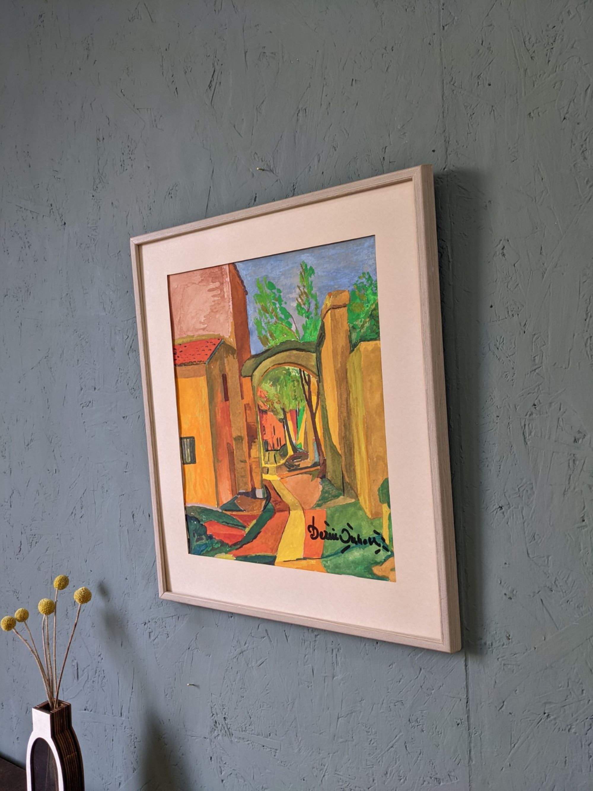 Mid-century modern swedish "the pathway" vintage framed watercolour