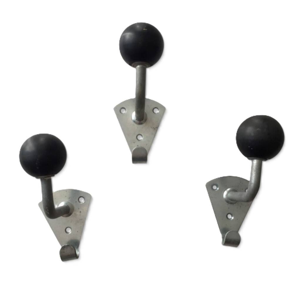 Set of 3 metal and bakelite coat hooks, public school type