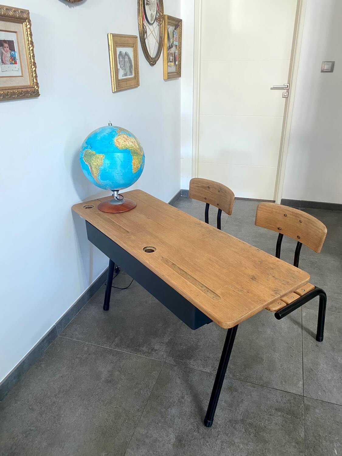 Vintage double school desk, refurbished in black and wood