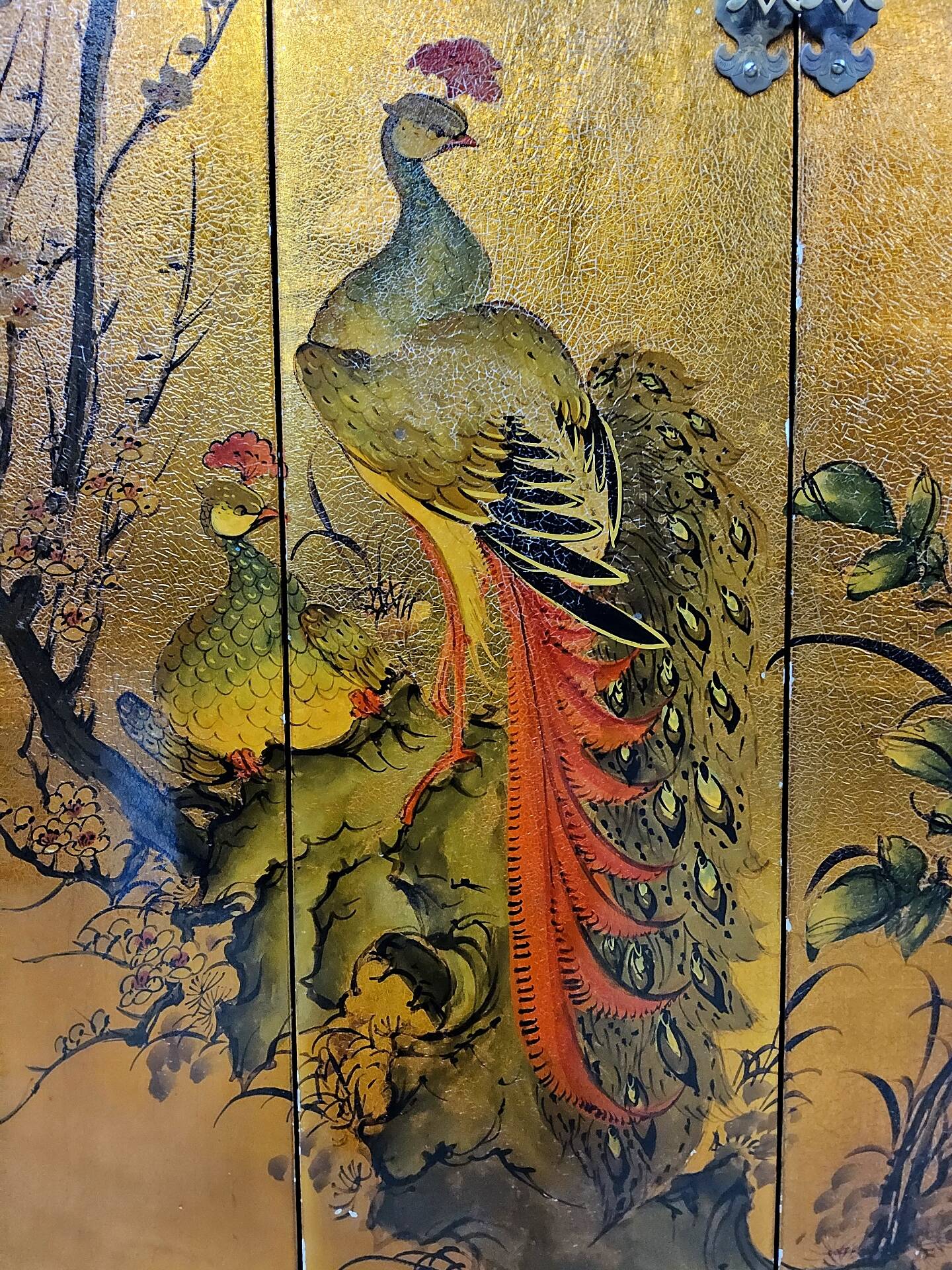 Vintage Chinese cabinet with gold leaf, flowers and peacock/ bohemian