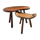 Table and its solid wooden stool of brutalist style popular art