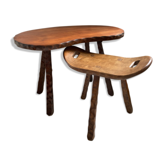 Table and its solid wooden stool of brutalist style popular art