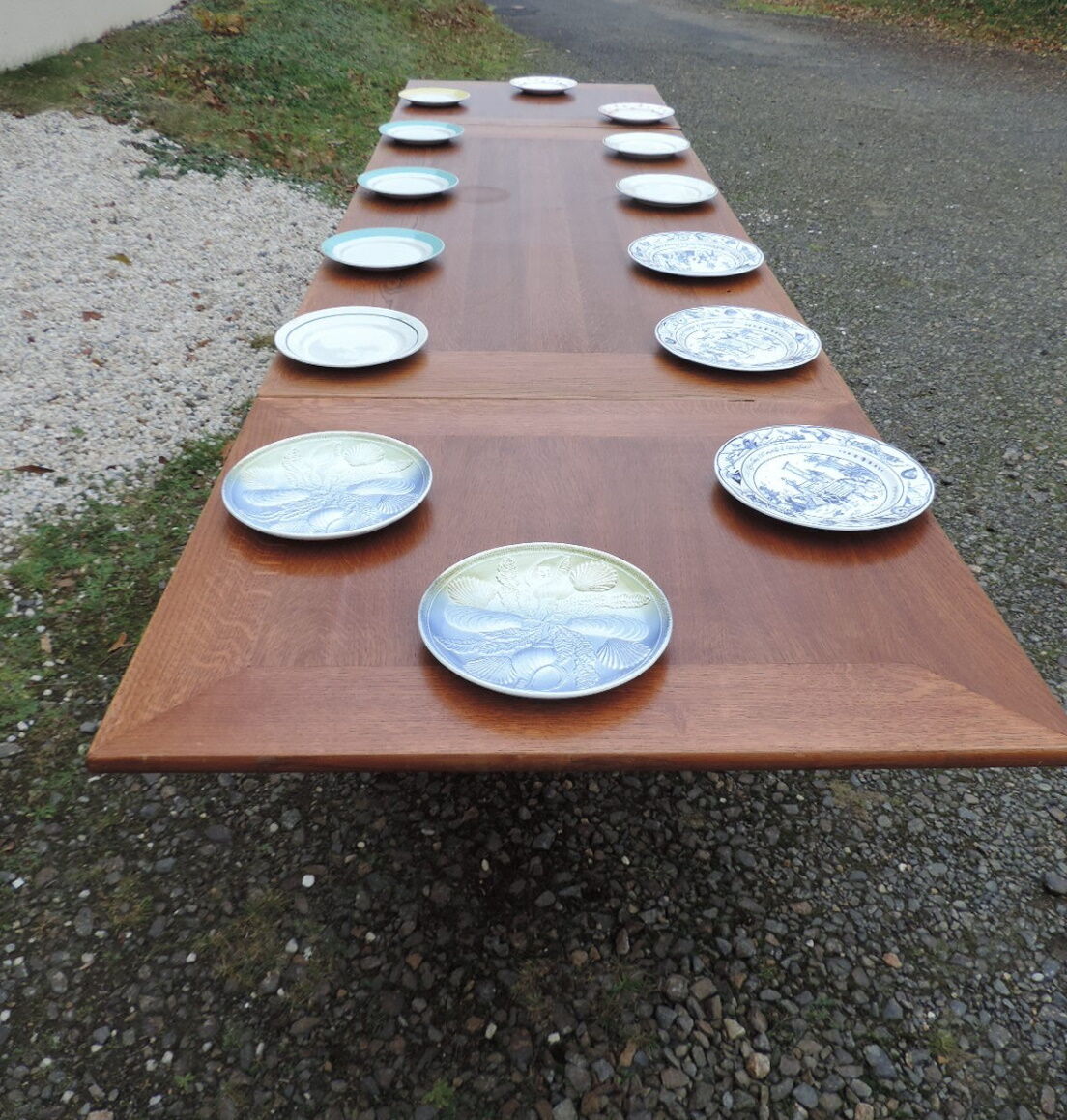Oak farmhouse table with double-trays, from the 70s