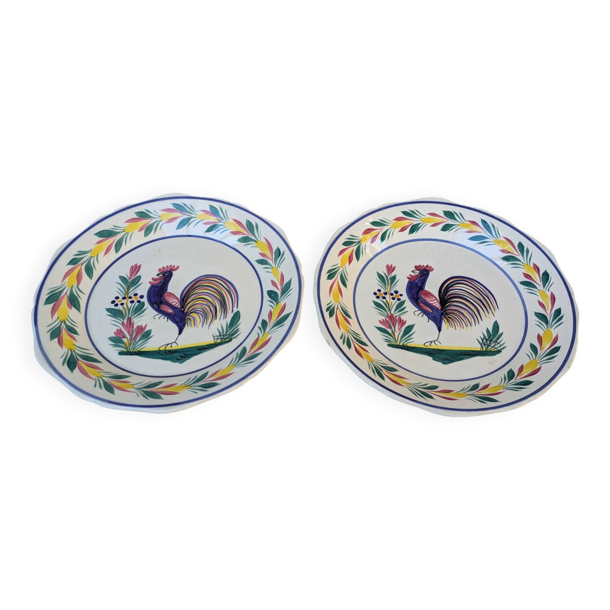 Set of 2 old HB Henriot Quimper plates with rooster motif