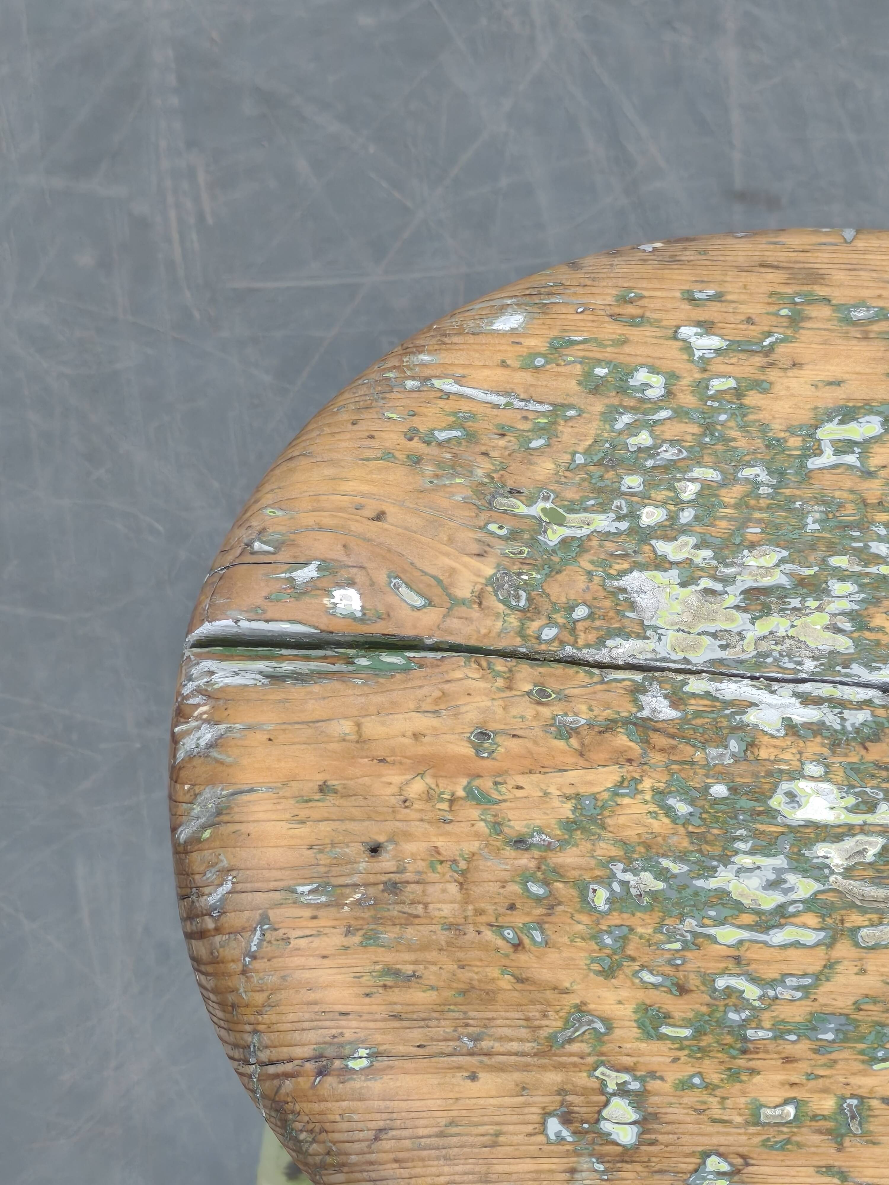 1940s Czech Industrial Stool with Pine Seat and Green Patina