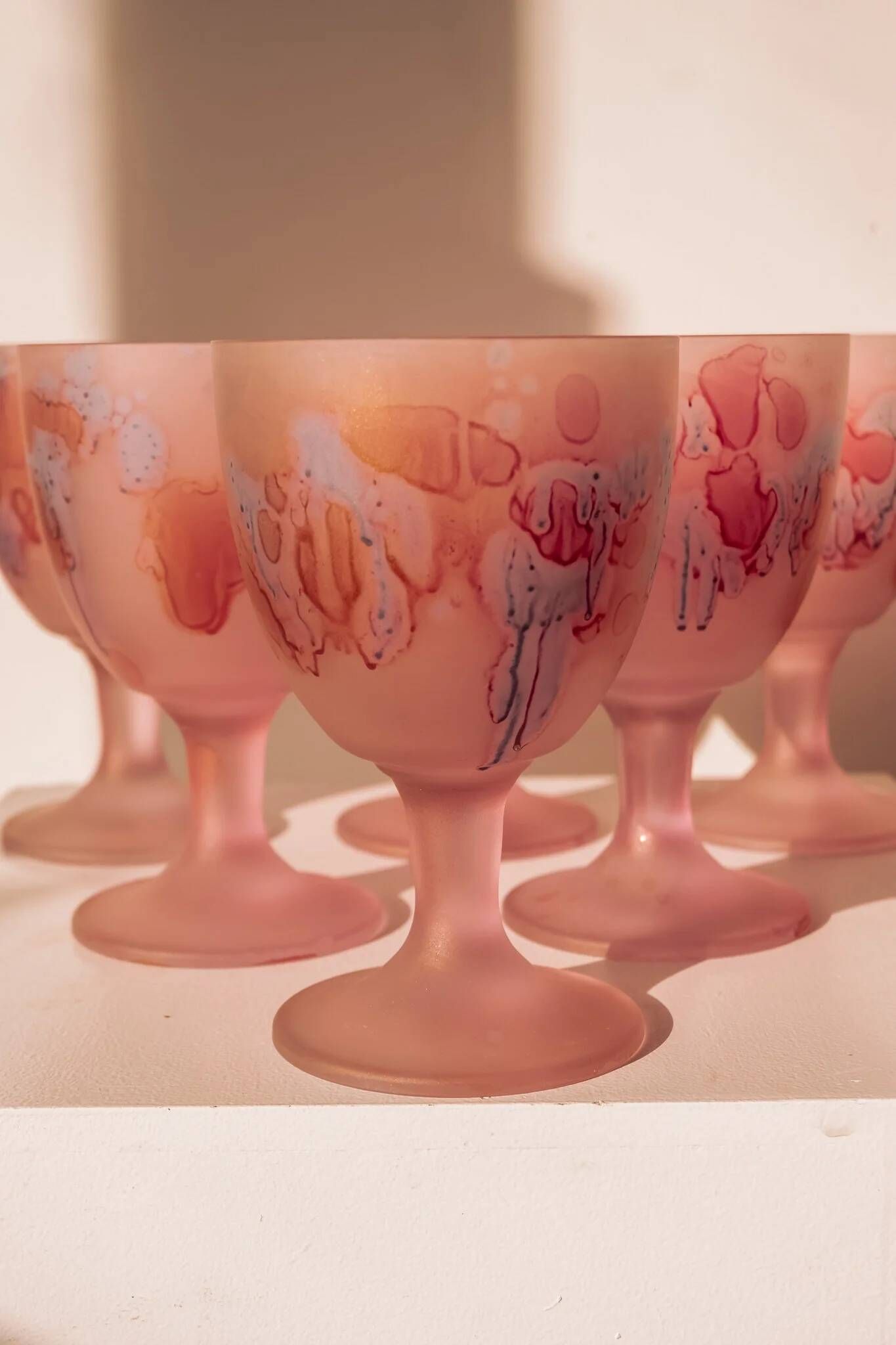 Frosted pink wine glasses hand-painted, set of 6