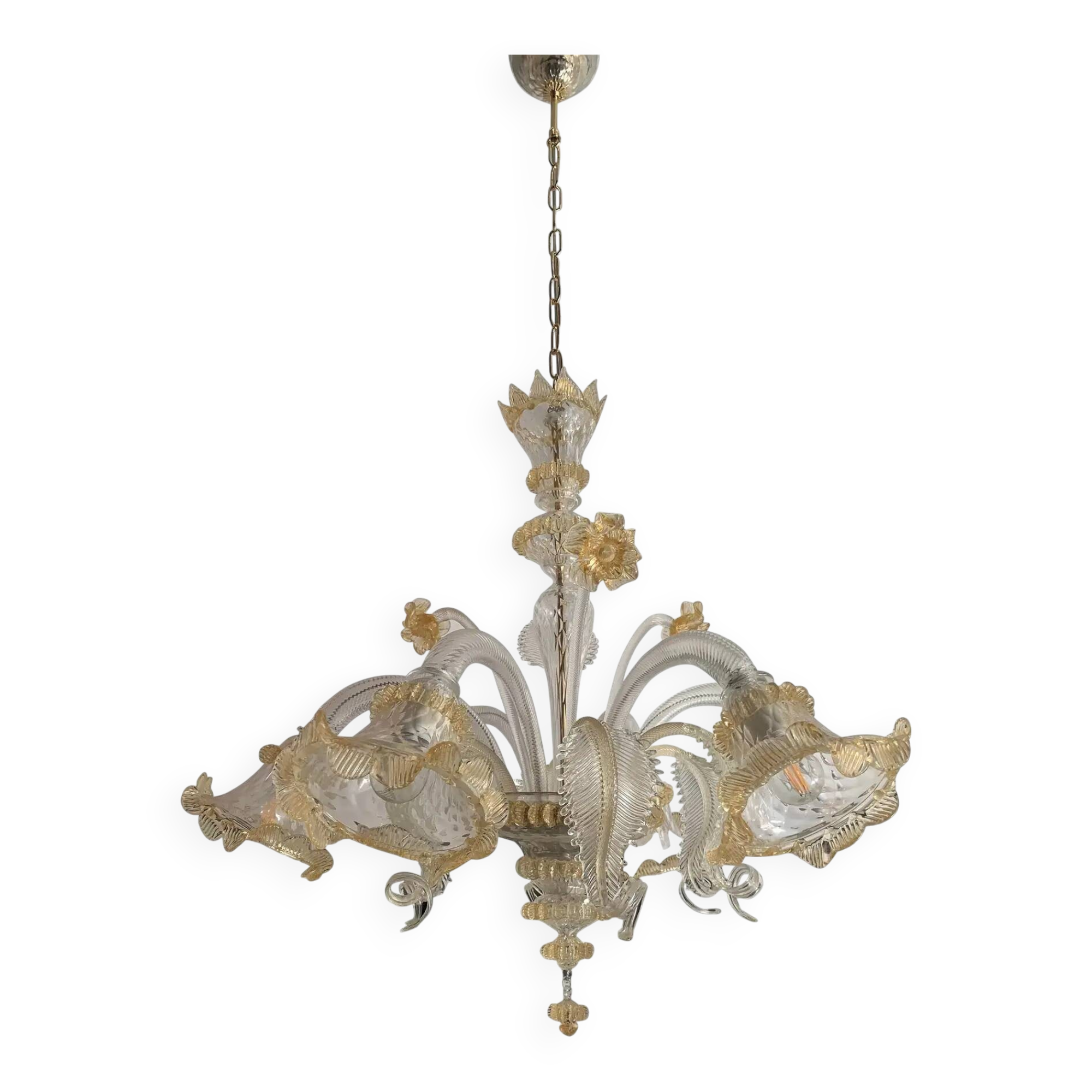 Venetian Murano-Style Glass Chandelier in Transparent and Gold with Flowers