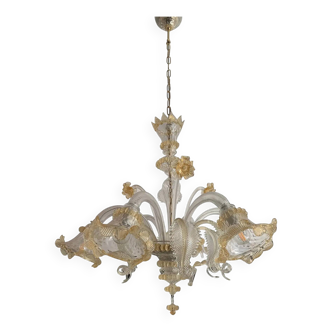 Venetian Murano-Style Glass Chandelier in Transparent and Gold with Flowers