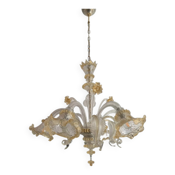 Venetian Murano-Style Glass Chandelier in Transparent and Gold with Flowers