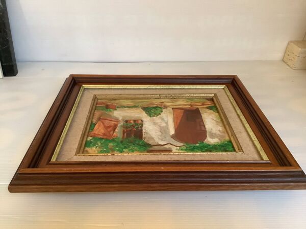 Tableau maison fleurie huile sur toile signée