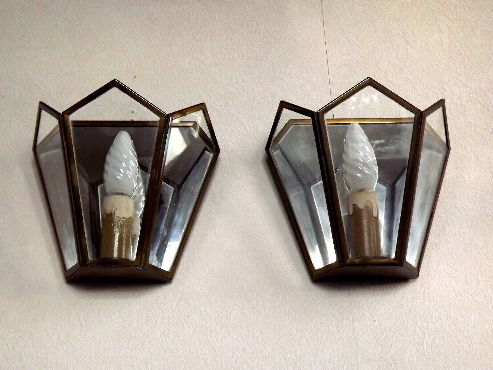 Matching pair french mid century copper & glass single light wall lanterns 3915