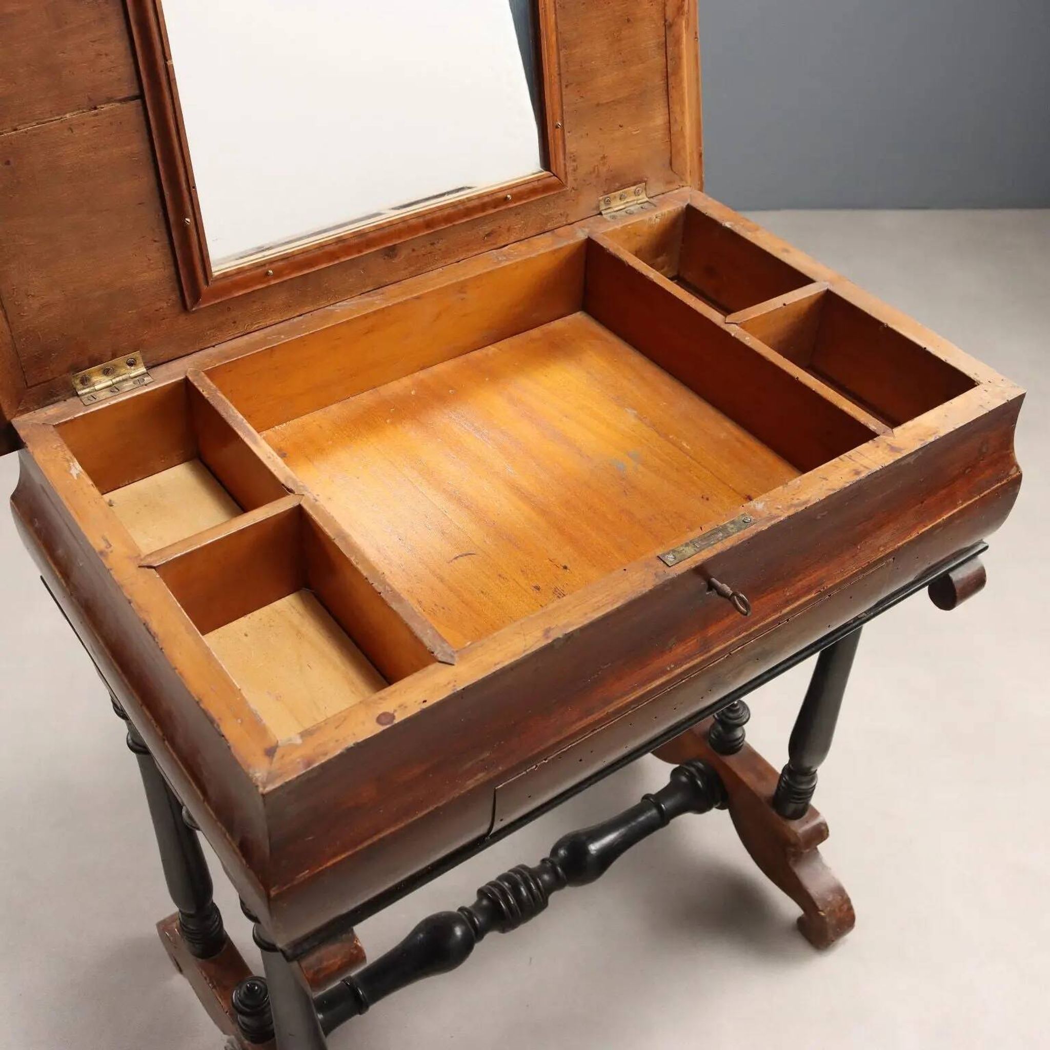 Antique sewing table in painted poplar with walnut effect, Italy, late 19th century.