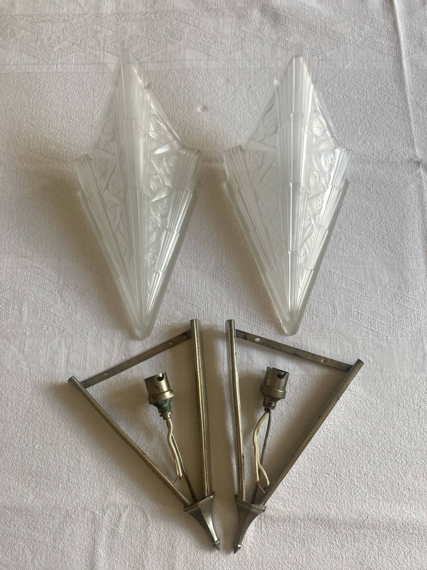 Pair of art deco metal and satin pressed glass sconces