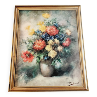 Painting on antique canvas Still life signed by P. Sorel (1938) (after)