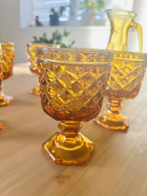 Service apéritif vintage en verre ambré – ensemble complet – années 1960/70