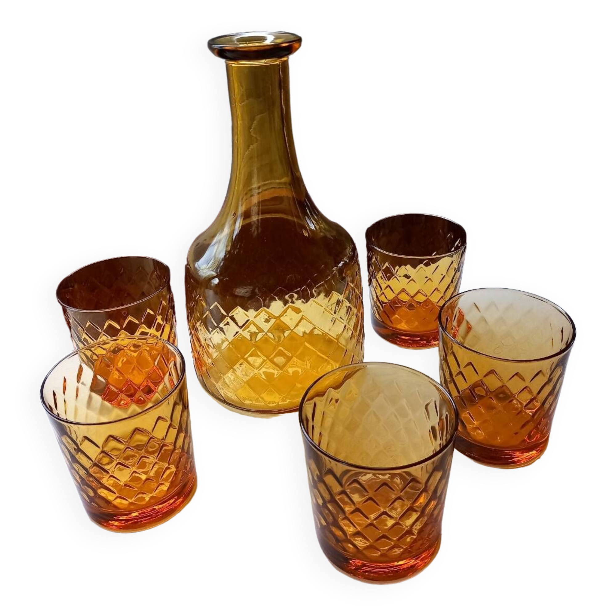 Carafe + 5 glasses, amber glass