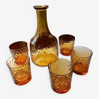 Pitcher + 5 glasses, amber glass
