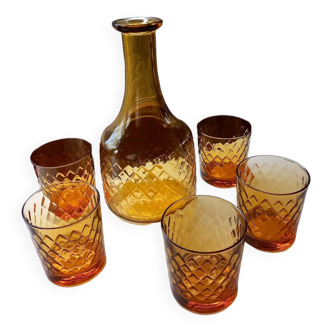 Pitcher + 5 glasses, amber glass