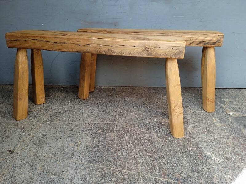 Pair of 2 patinated solid wood benches / stools