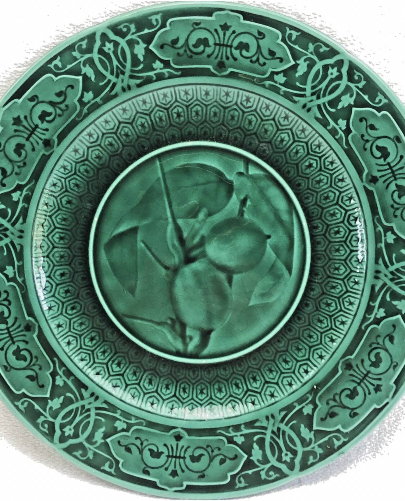 3 fruit plates Sarreguemines majolica shaded enamel Rubelles