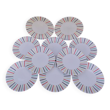Set of 10 flat plates with coloured stripes, Longchamp, vintage