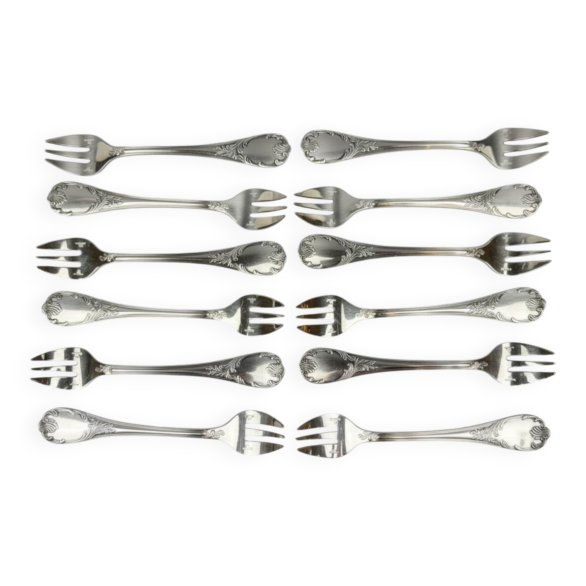 Lot de 12 fourchettes à huîtres Christofle modèle Marly – neuves sous blister, boîte d’origine scellée