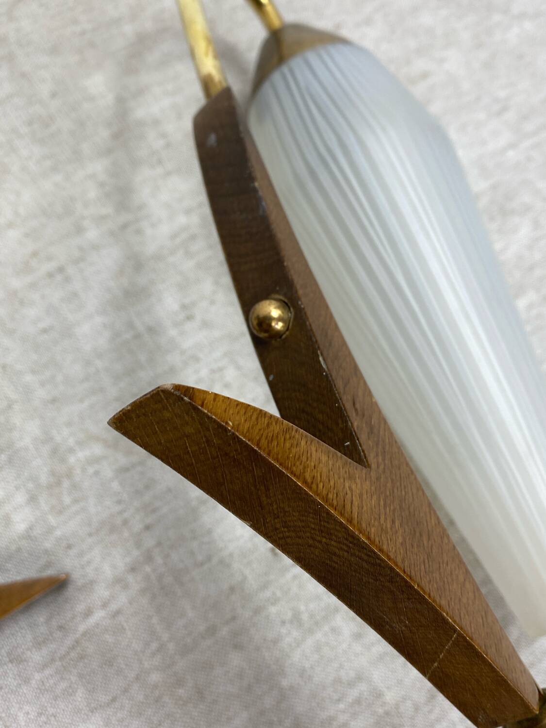 Pair of wall lights in brass, wood and opaline glass, 1950s/60s