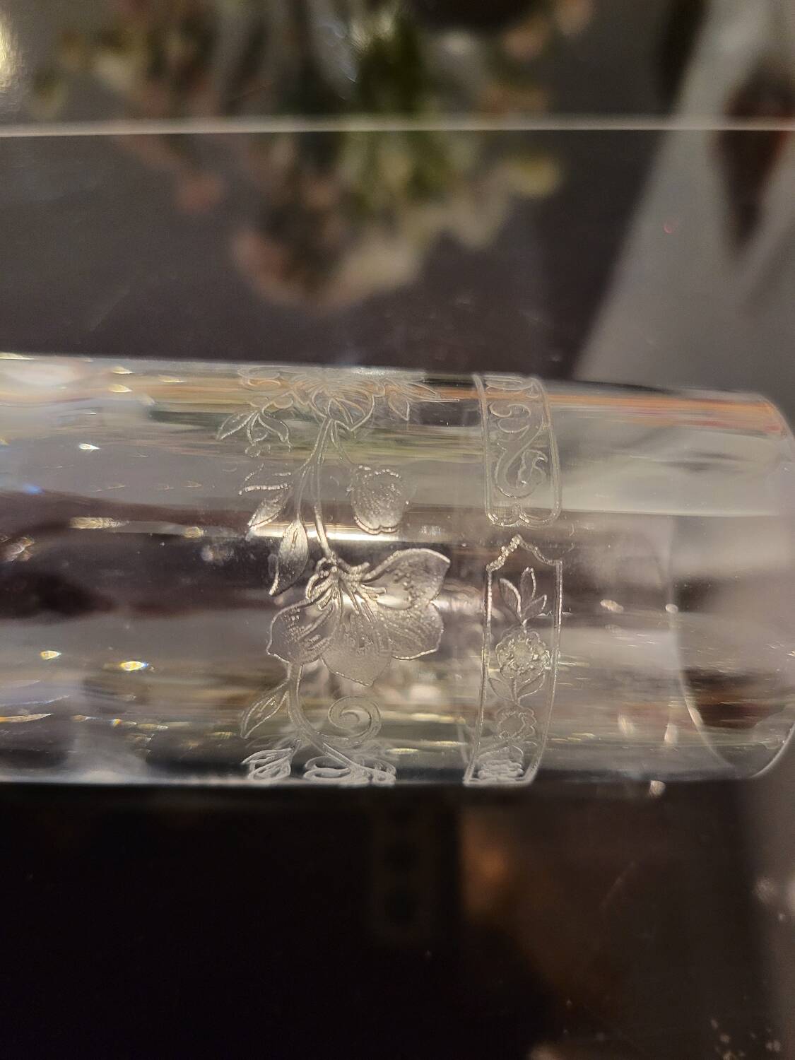 6 engraved crystal champagne flutes (floral) 1920
