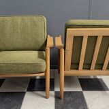 ensemble de fauteuils en tissu vert et bois années 1960