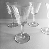 4 Antique Digestif Glasses on Foot Art Deco Pattern Cut Glass 1950s