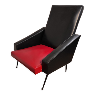 Fauteuil en skaï simili cuir 1950 1960 rouge et noir