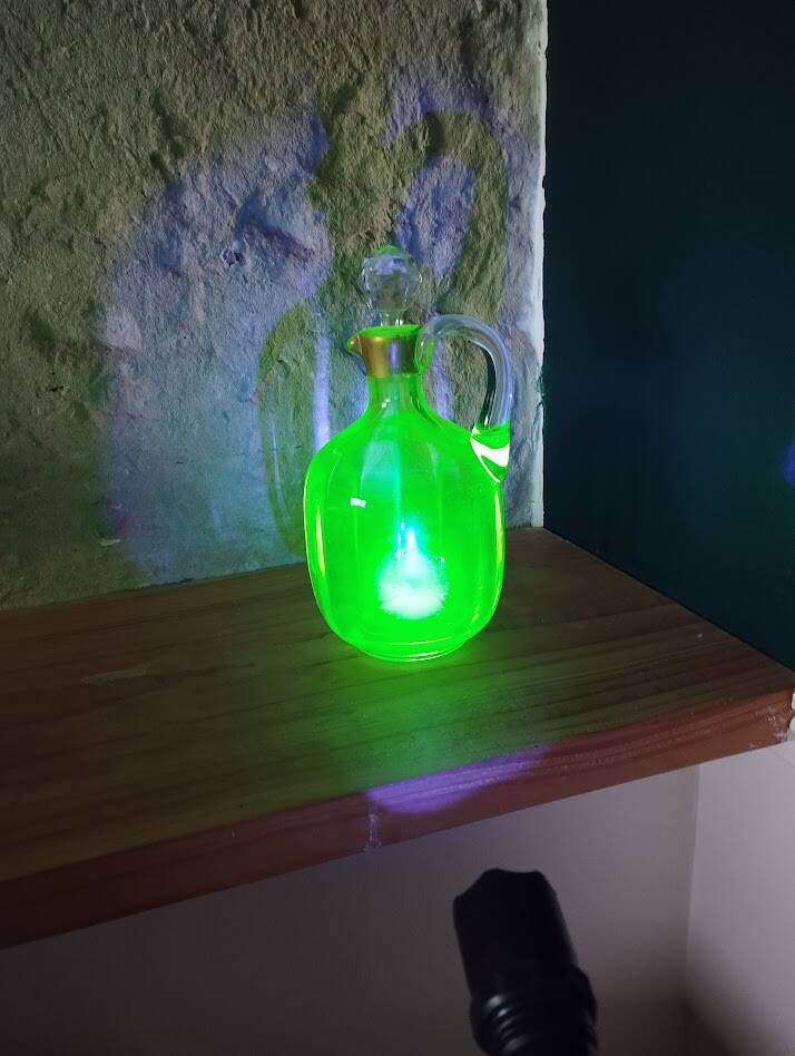 Vintage carafe in fluorine, signed 1930s–40s.