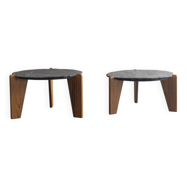 2 tables d'appoint en ardoise et bois de pin de style brutaliste