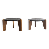 2 tables d'appoint en ardoise et bois de pin de style brutaliste