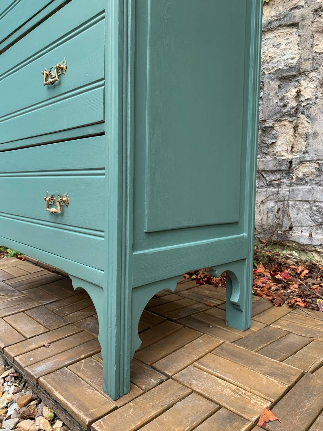 Old grey green high chest of drawers H160