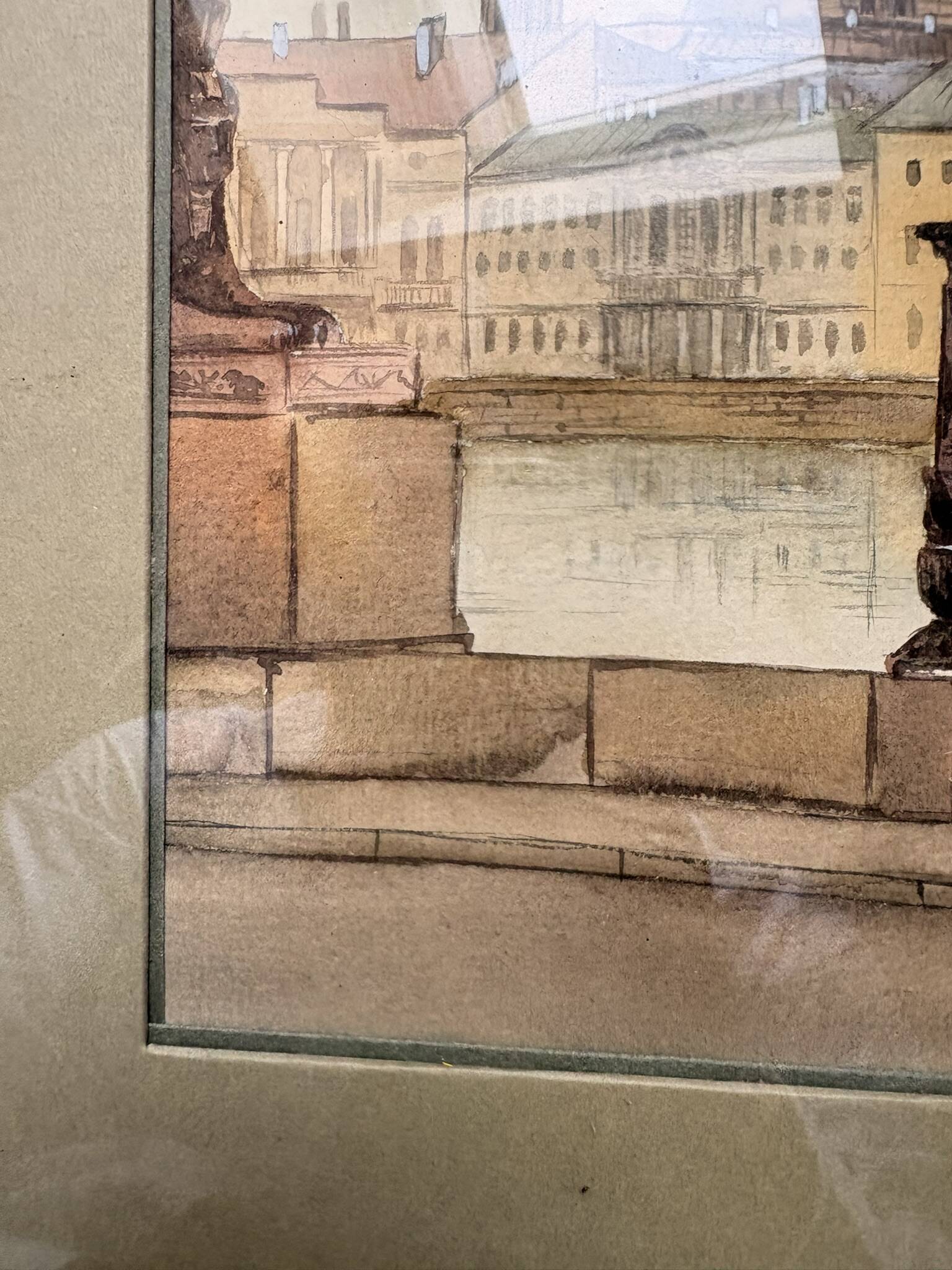 Ancien Aquarelle Bâtiment Historique Russie Saint Pétersbourg 1991