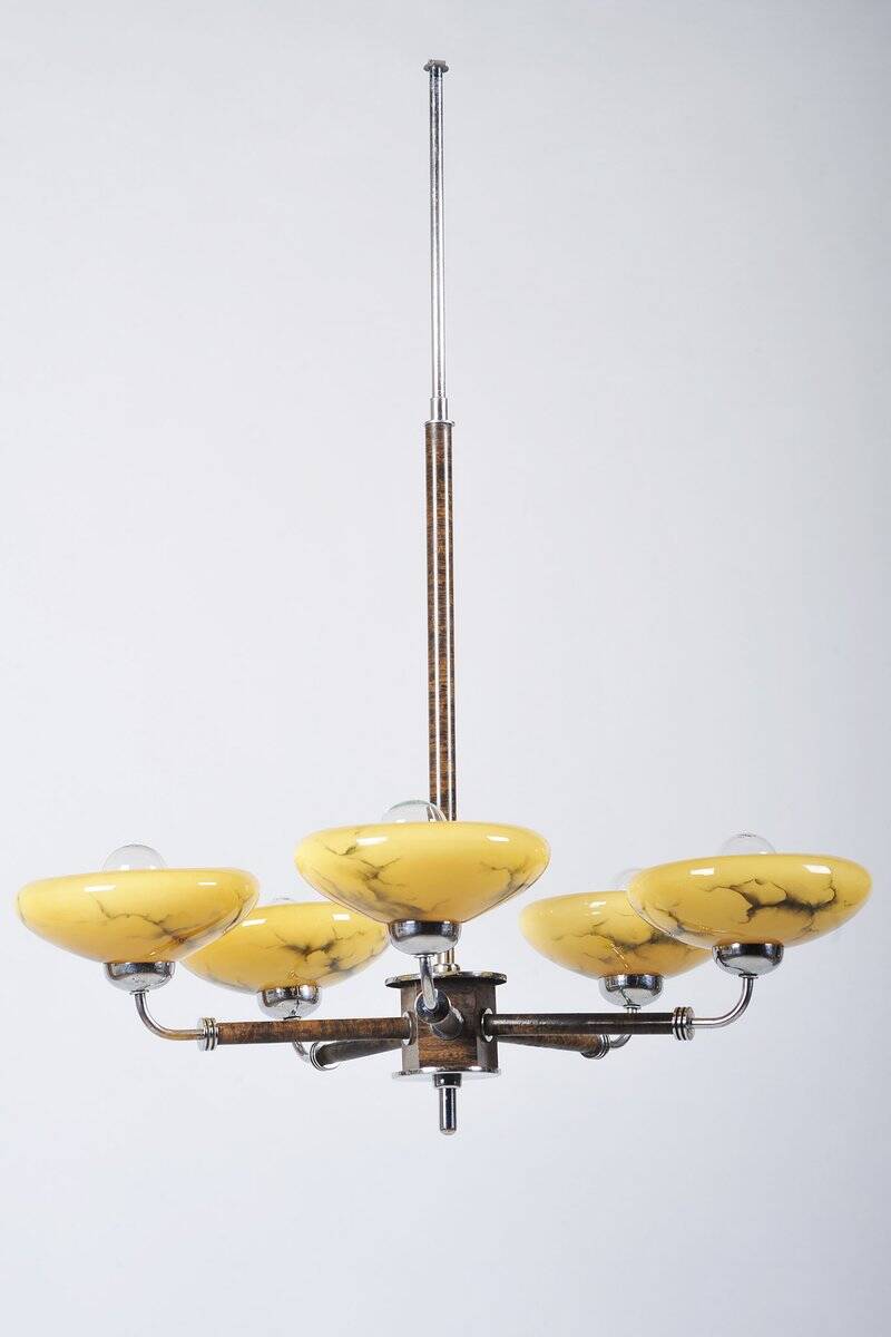 Art Deco Chandelier in Chrome, Beech, Walnut and Glass, Czech, 1920s