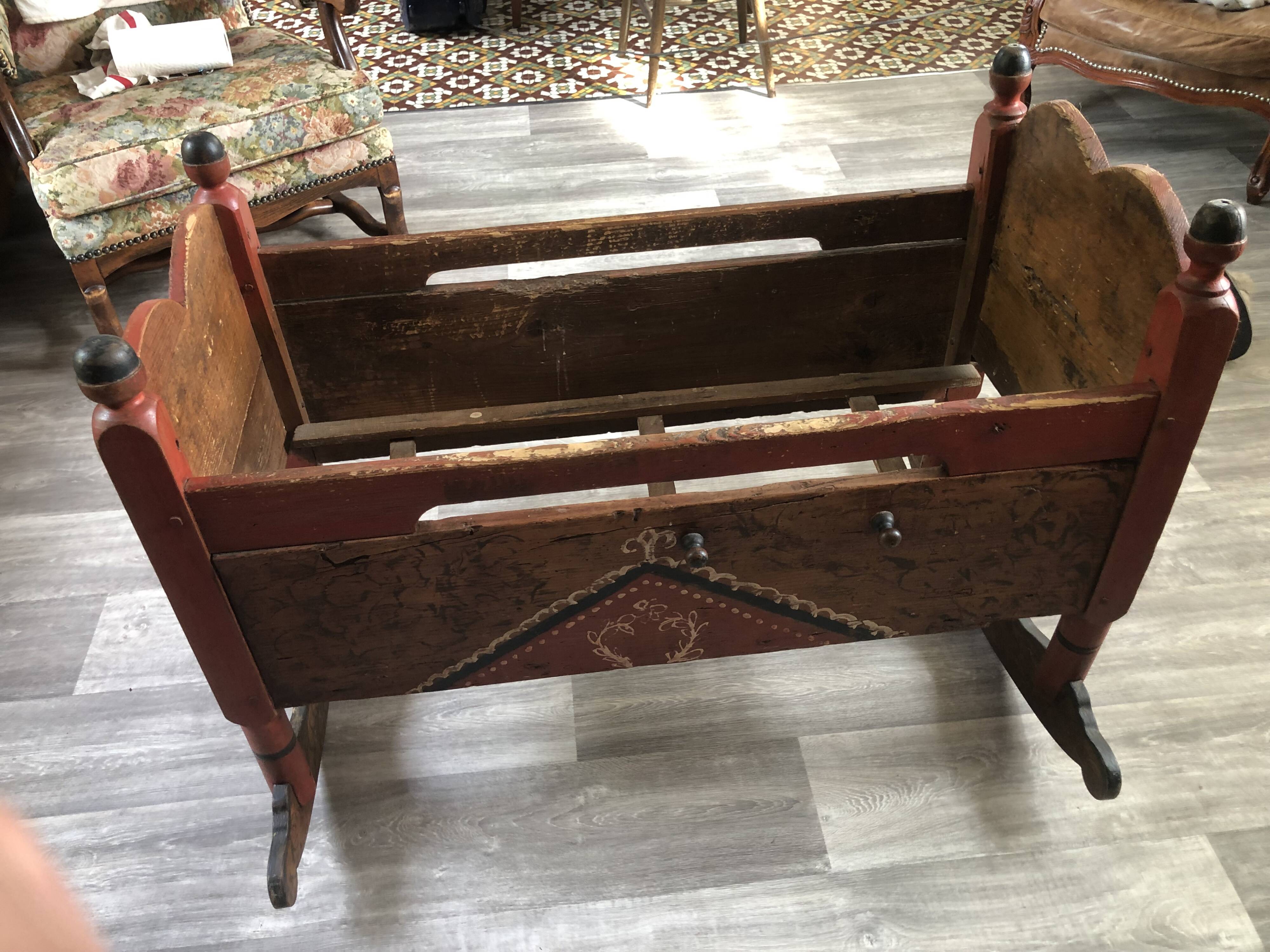 Berceau meuble polychrome alsacien de Brumath 19eme siècle 1837