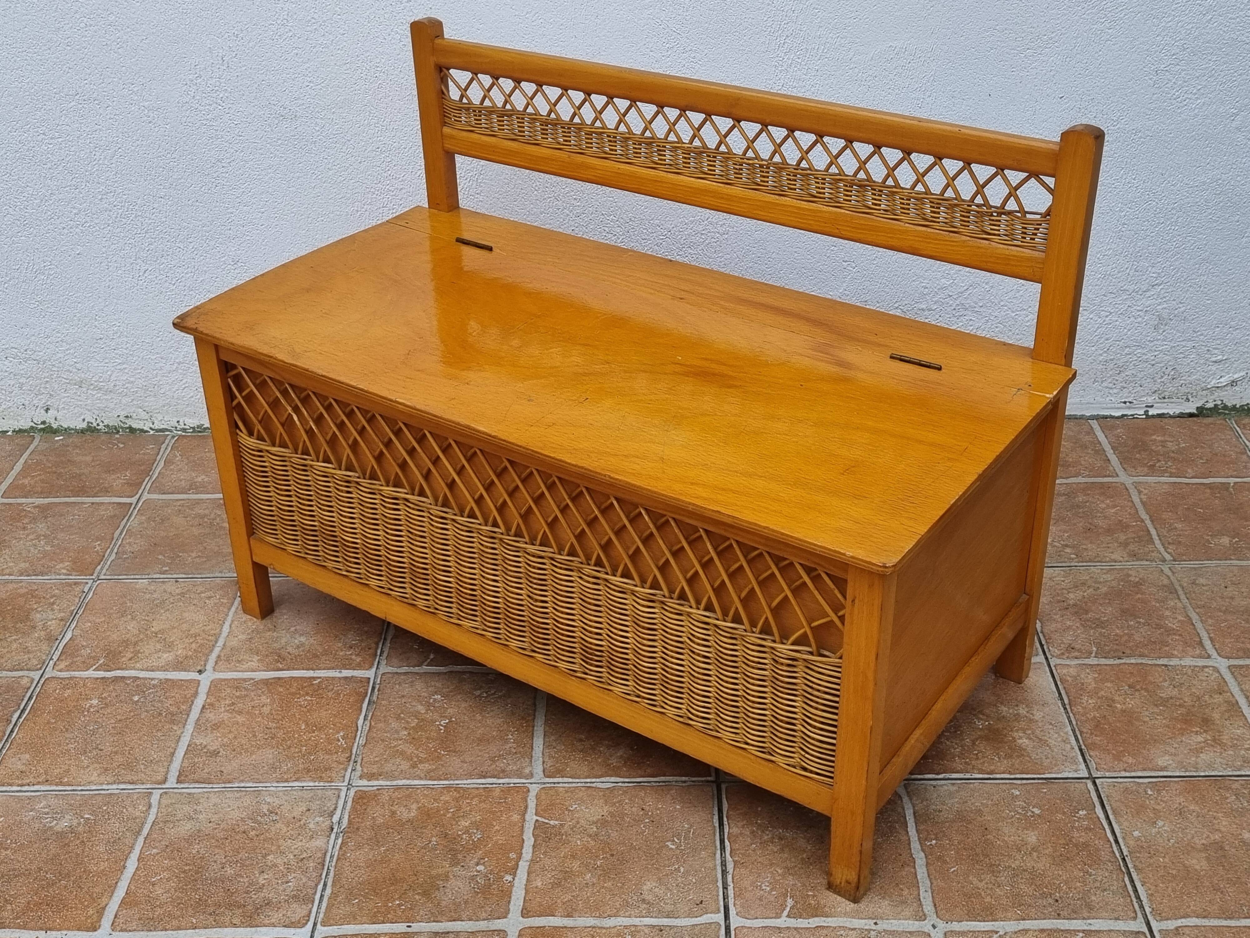 Vintage wooden bench with caning and woven rattan, 1960s-70s.