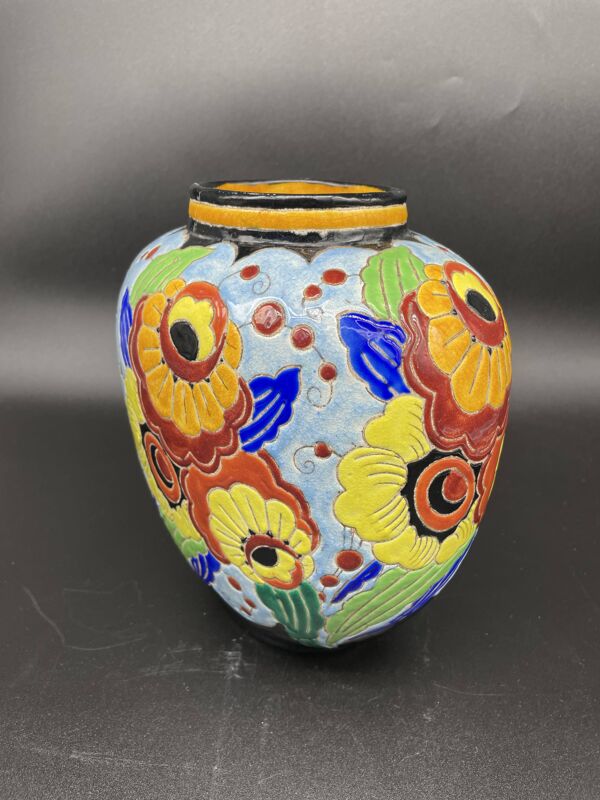 Vase ovoïde, charles catteau, keramis, époque art deco, faïence fine, décor émaillé floral, vase col