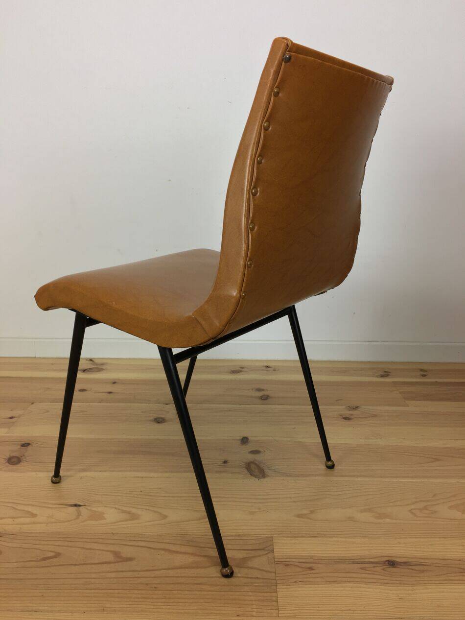 Pair of 1950s chairs with compass legs and brown faux leather.