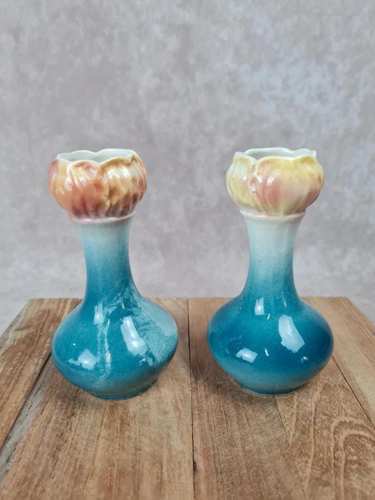 Pair of small antique bud vases numbered 396.