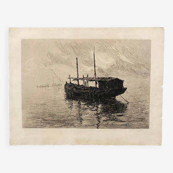 Engraving René Pinard old barcas in the harbor of Algiers 1922