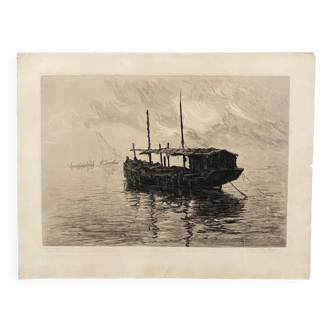 Gravure René Pinard vieille barcasse en Rade d'Alger 1922