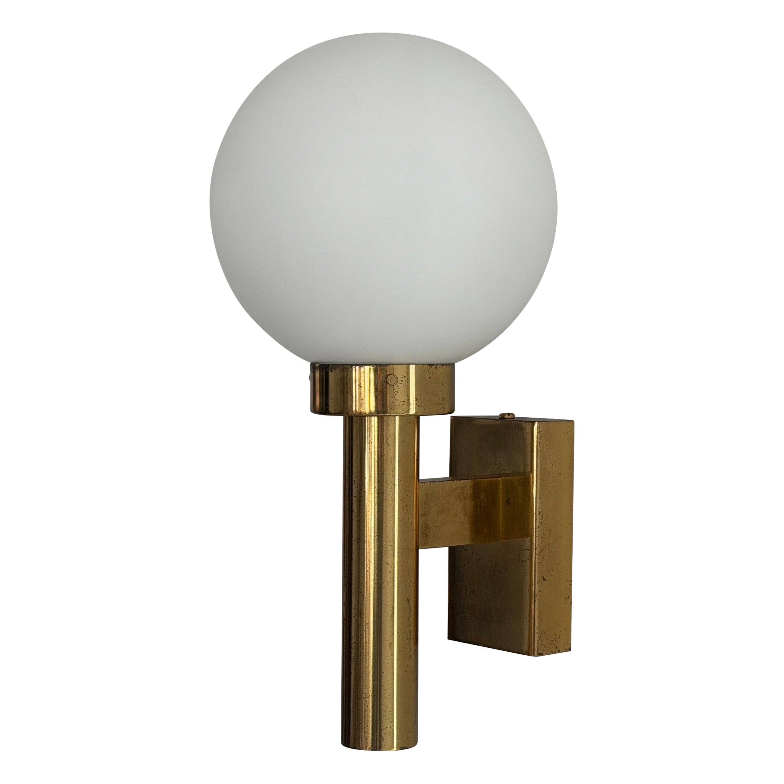 Large minimalist cinema wall light in opal glass and heavy brass, 1960s, Germany
