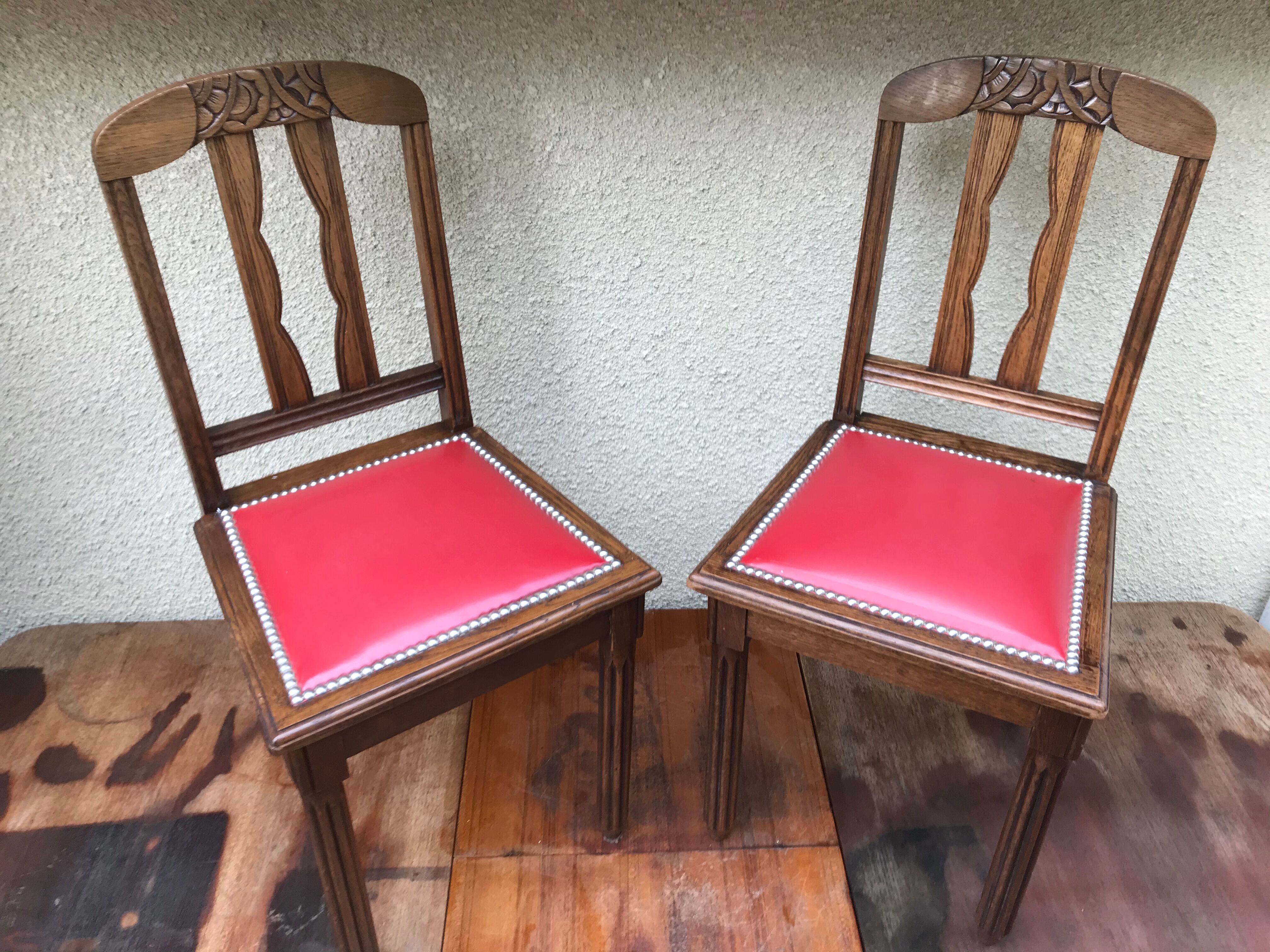 Pair of old chairs art deco in sculpted wood & vintage red leather seat