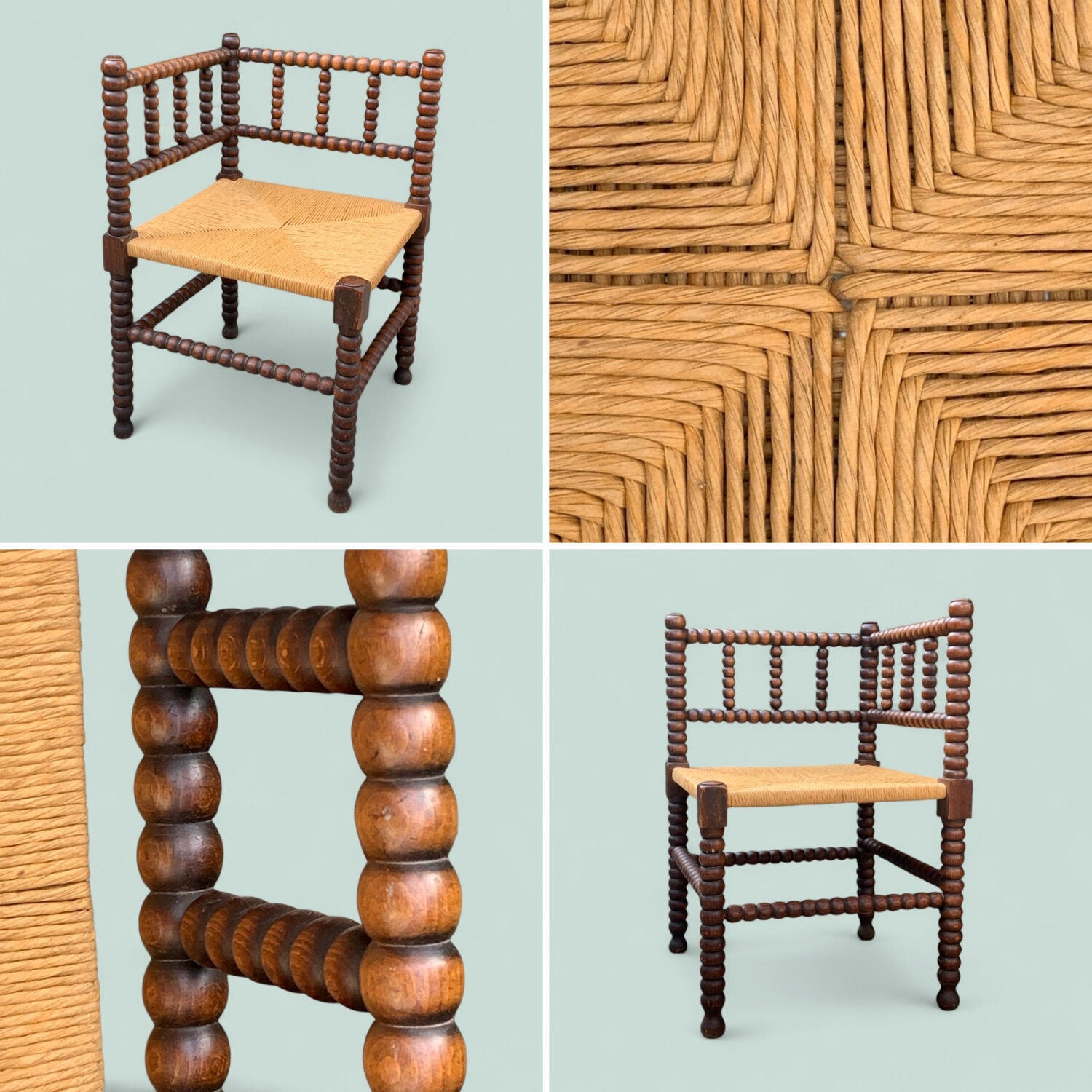 1920s turned wood straw corner chair