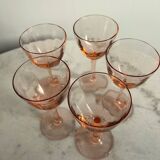 5 small pink glass stemmed glasses