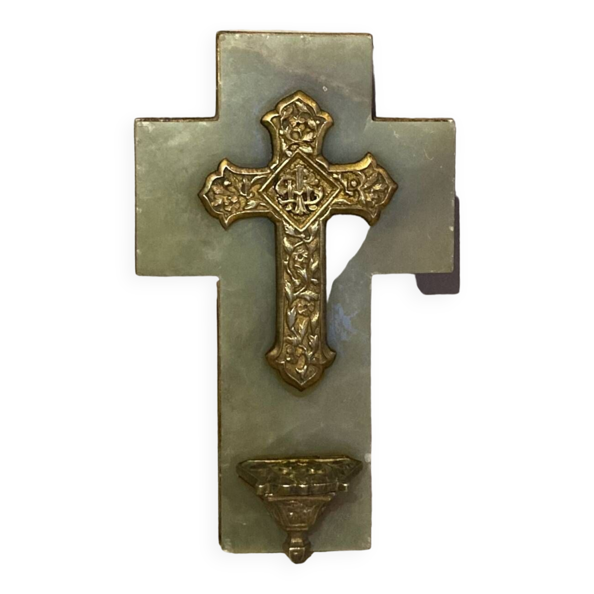Art Deco holy water font in bronze, onyx and brass from the early 20th century