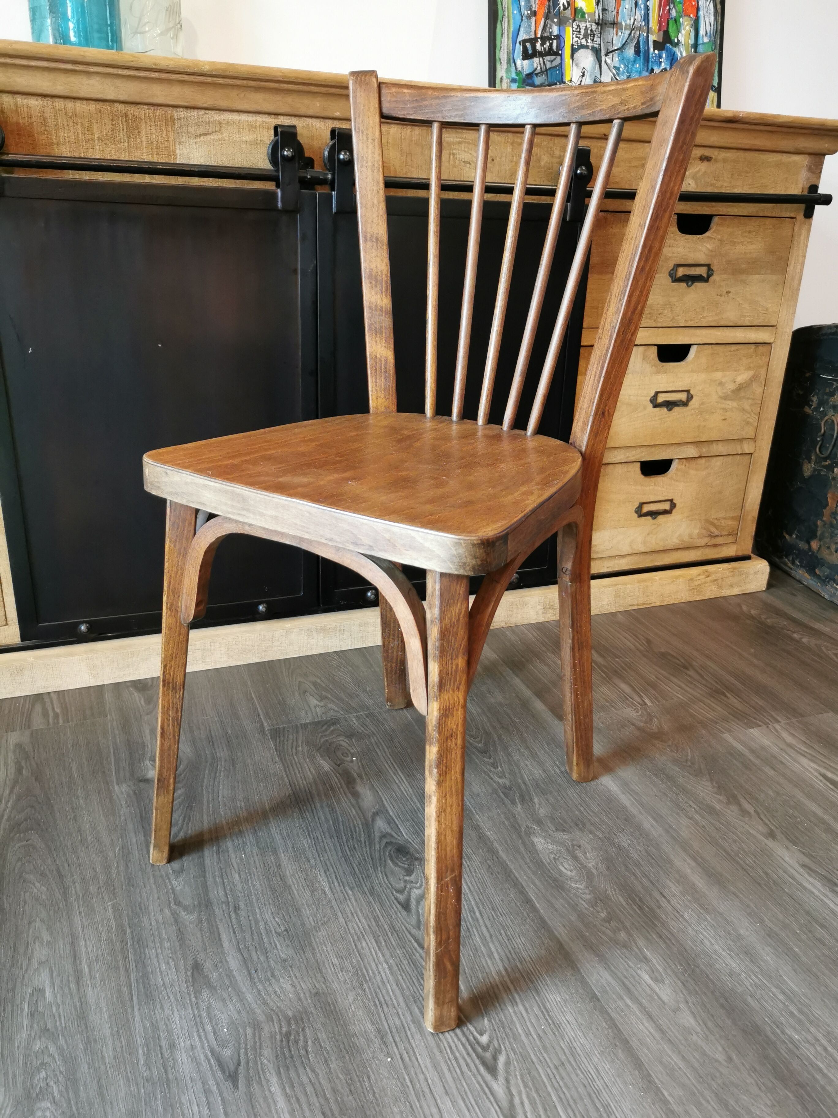 Series of 6 mismatched bistro chairs Baumann and Mahieu